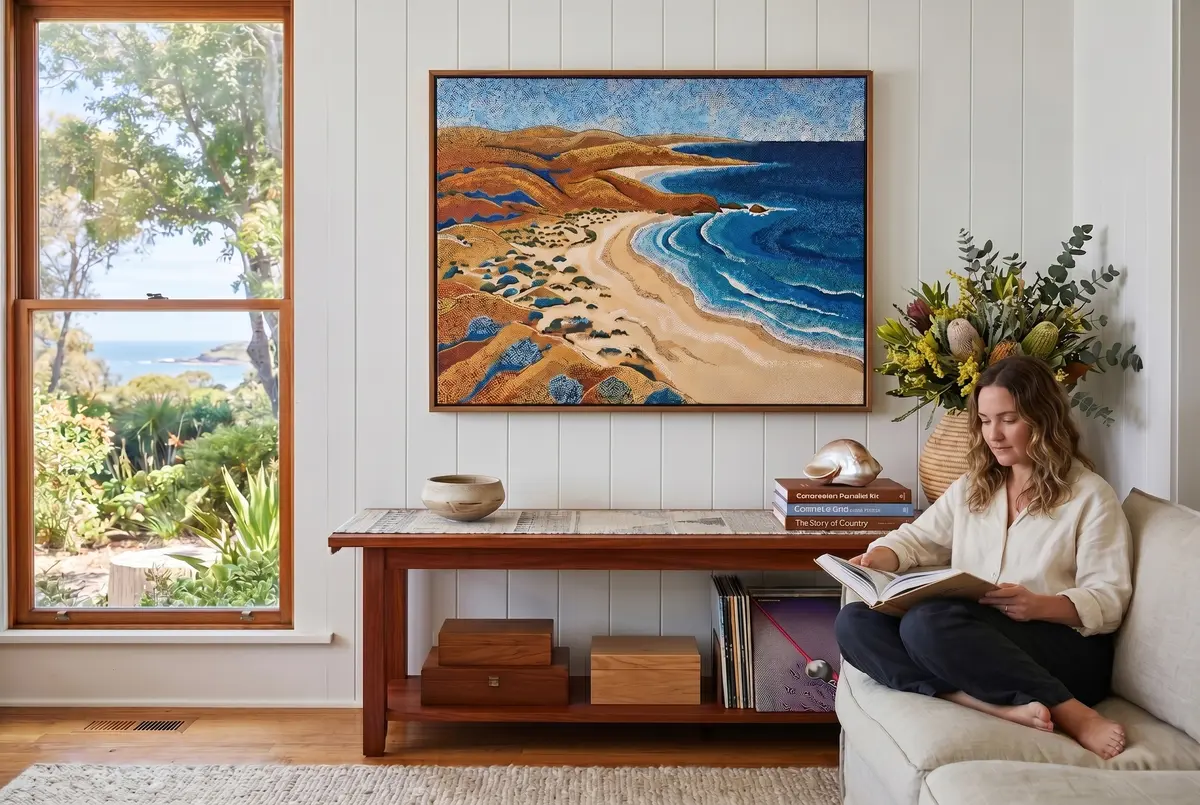 Australian landscape art in reading nook