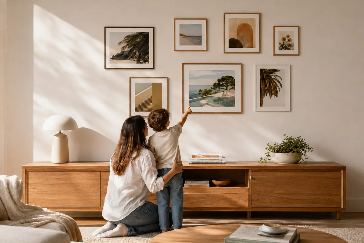 Coastal art gallery wall above console display