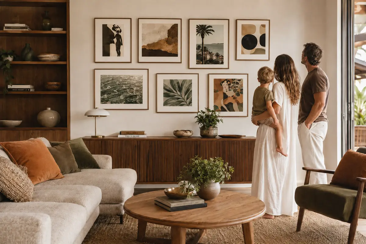 Curated seven-frame gallery wall in living room