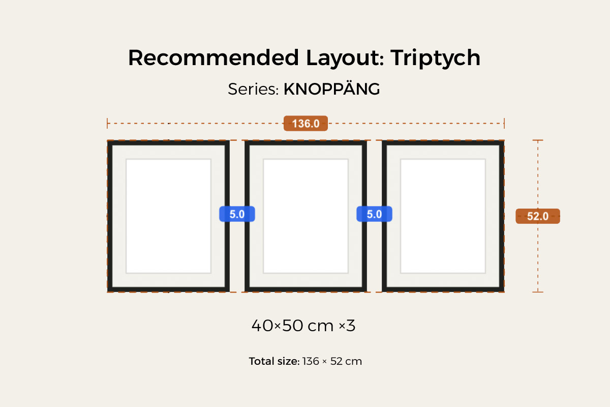 Triptych preset: three LOMVIKEN 40×50 cm portrait frames evenly spaced with 5 cm gaps, 136 × 52 cm overall