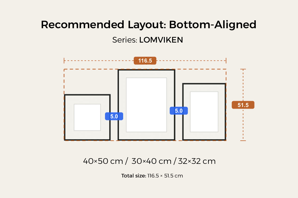 Bottom-aligned preset: LOMVIKEN 40×50 / 30×40 / 32×32 cm, three mixed sizes aligned along one bottom line, 116.5 × 51.5 cm overall