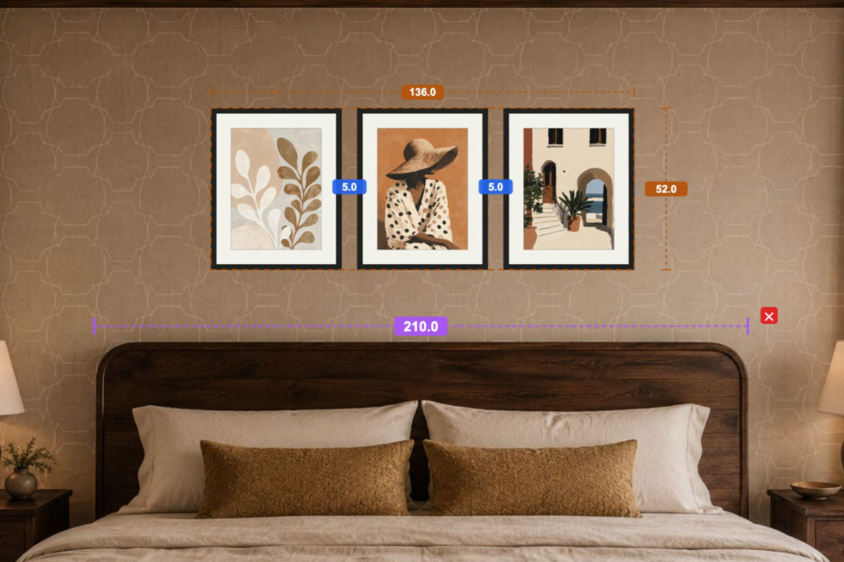 A triptych above a bed: the 136 cm arrangement over a bed about 210 cm wide, roughly two-thirds of the bed's width and centered on its axis