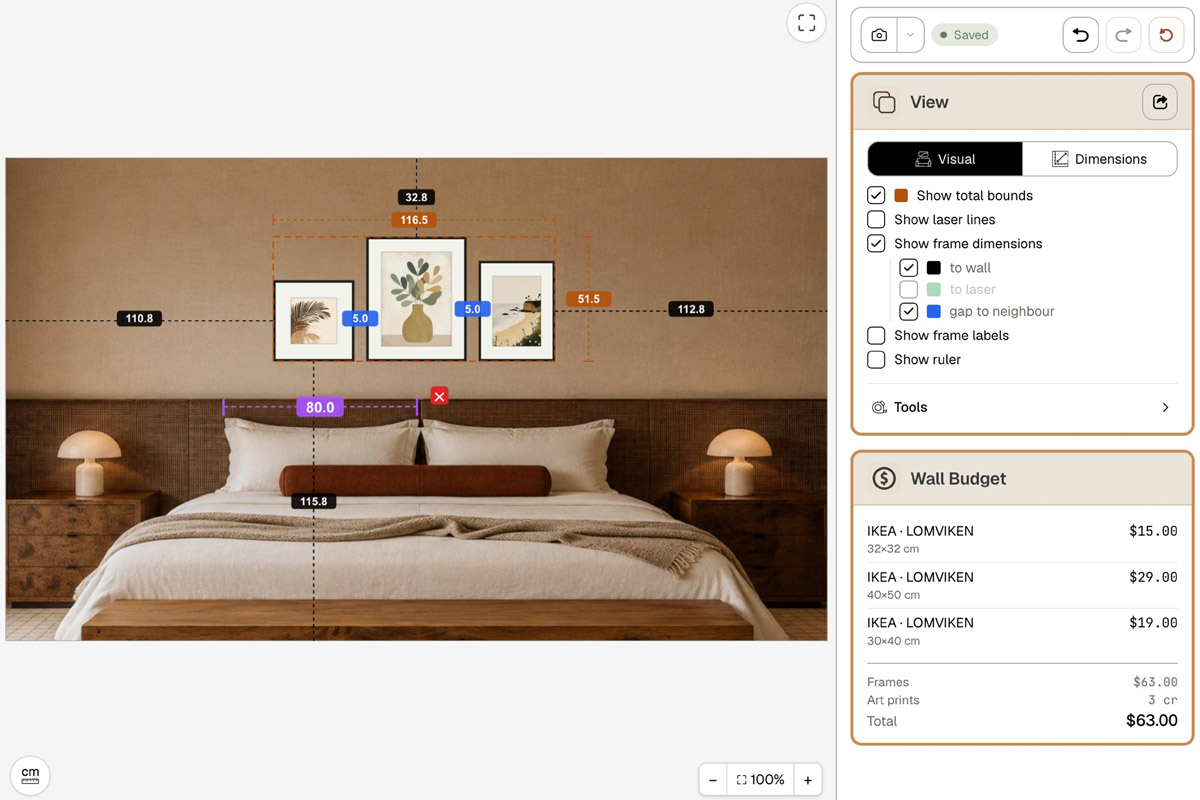 HangPlanner editor: a bottom-aligned set of three frames above a bed, with the overall bounds 116.5 × 51.5 cm and the distance to the headboard top labelled, and the Wall Budget panel listing three LOMVIKEN frames totalling $63