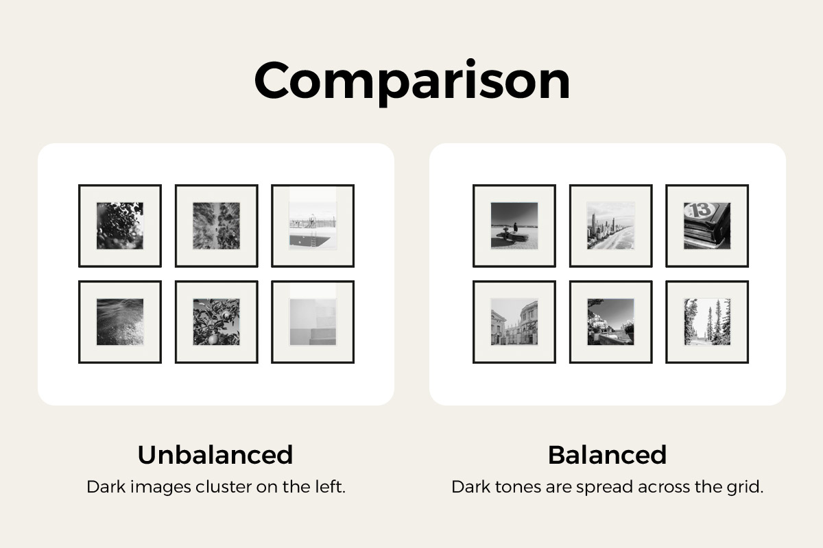 Comparison: dark frames all piled on the left (Unbalanced) vs light and dark spread evenly across the grid (Balanced)