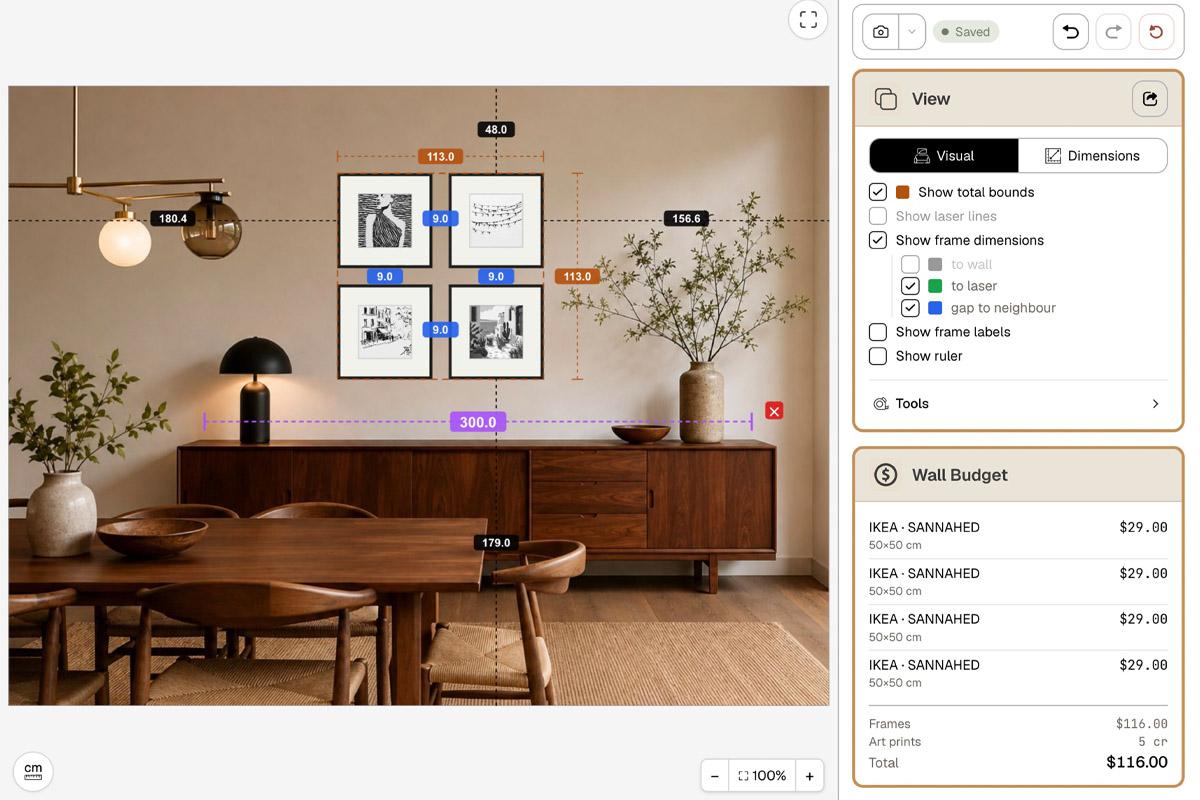 HangPlanner editor: four SANNAHED 50×50 cm black-and-white frames in a grid above a sideboard, with the group's total bounds, each gap, and the height off the floor labelled, and Wall Budget totalling $116