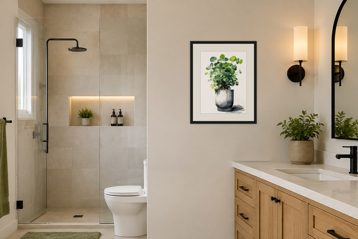 Bathroom zones: the shower side on the left is steamy and left bare, while on the right a framed plant print hangs over the dry vanity, on the side farthest from the shower with good ventilation