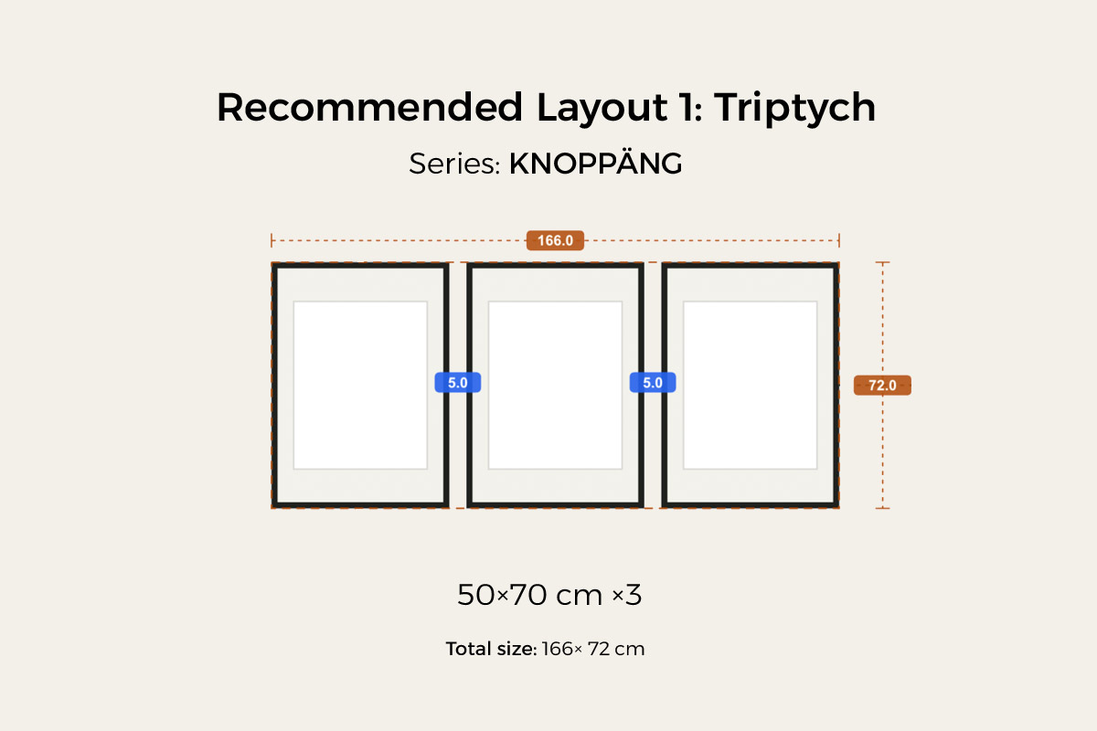 HangPlanner triptych preset: three KNOPPÄNG 50×70 cm portrait frames evenly spaced in a row, 5 cm gaps, about 166 × 72 cm (about 65 × 28 in) overall