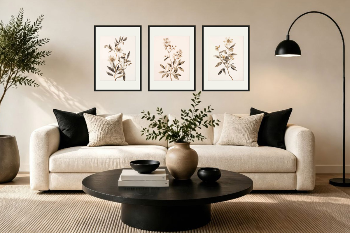 Three equal botanical flower prints in slim black frames, evenly spaced in a triptych above a cream sofa, quiet and cohesive
