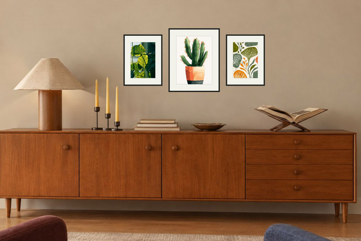 Three botanical prints mirrored left-right over a wood sideboard, the large frame centered with one on each side, soft and calm