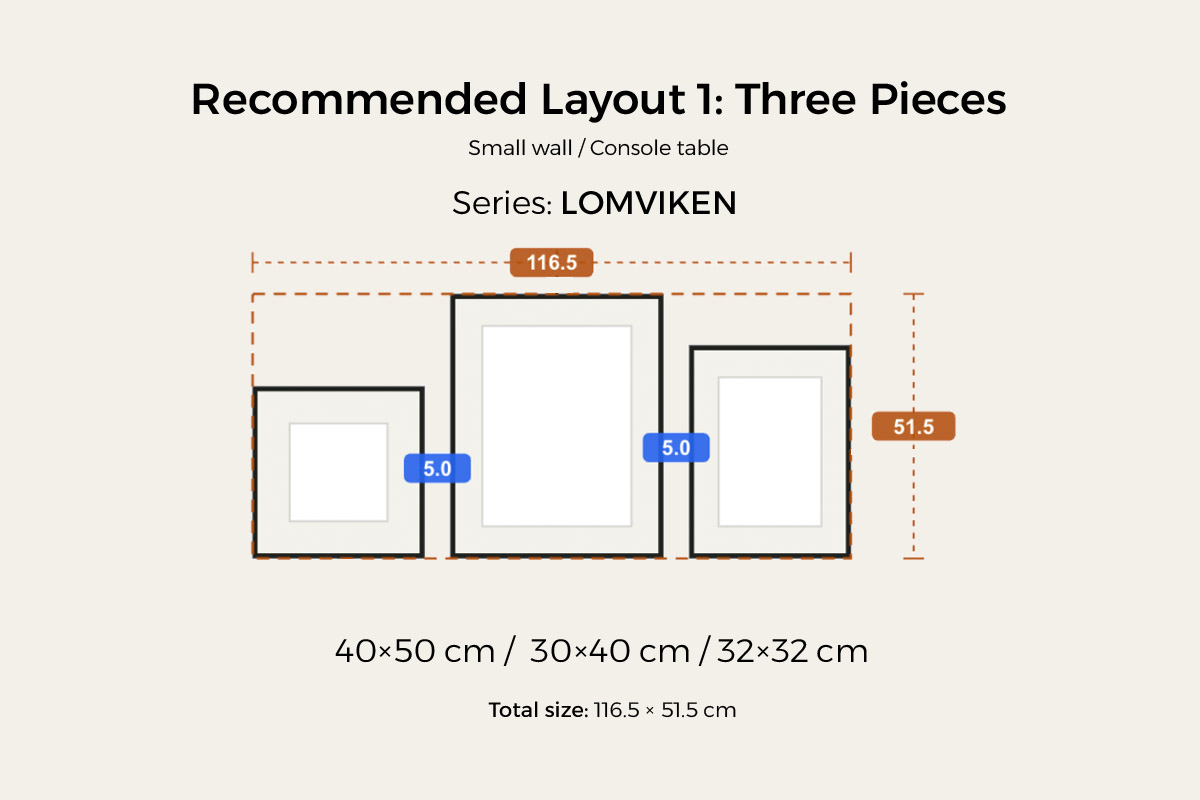 Recommended layout 1, three pieces for a small wall or console table — 40×50, 30×40 and 32×32 cm frames, 116.5 cm wide