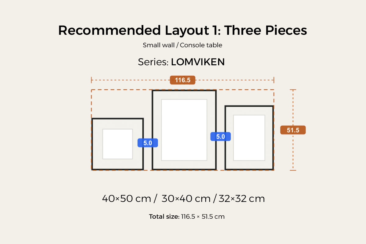 Recommended layout 1, three pieces for a small wall or console table โ 40ร50, 30ร40 and 32ร32 cm frames, 116.5 cm wide