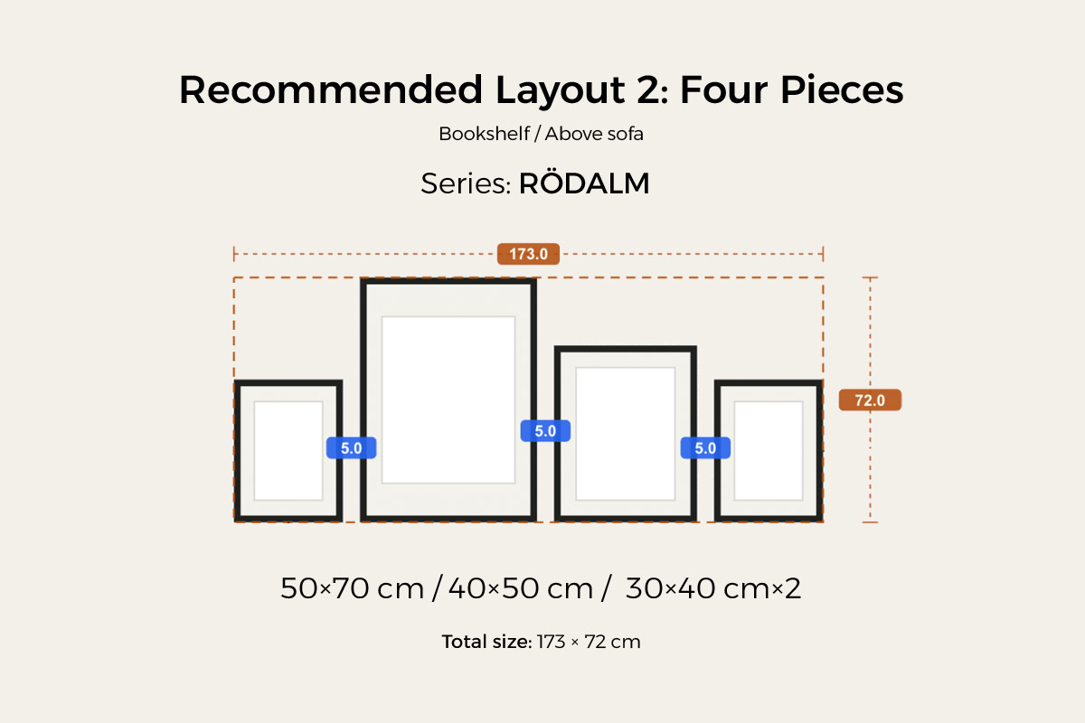 Recommended layout 2, four pieces for a bookshelf or above a sofa — 50×70, 40×50 and two 30×40 cm frames, 173 cm wide