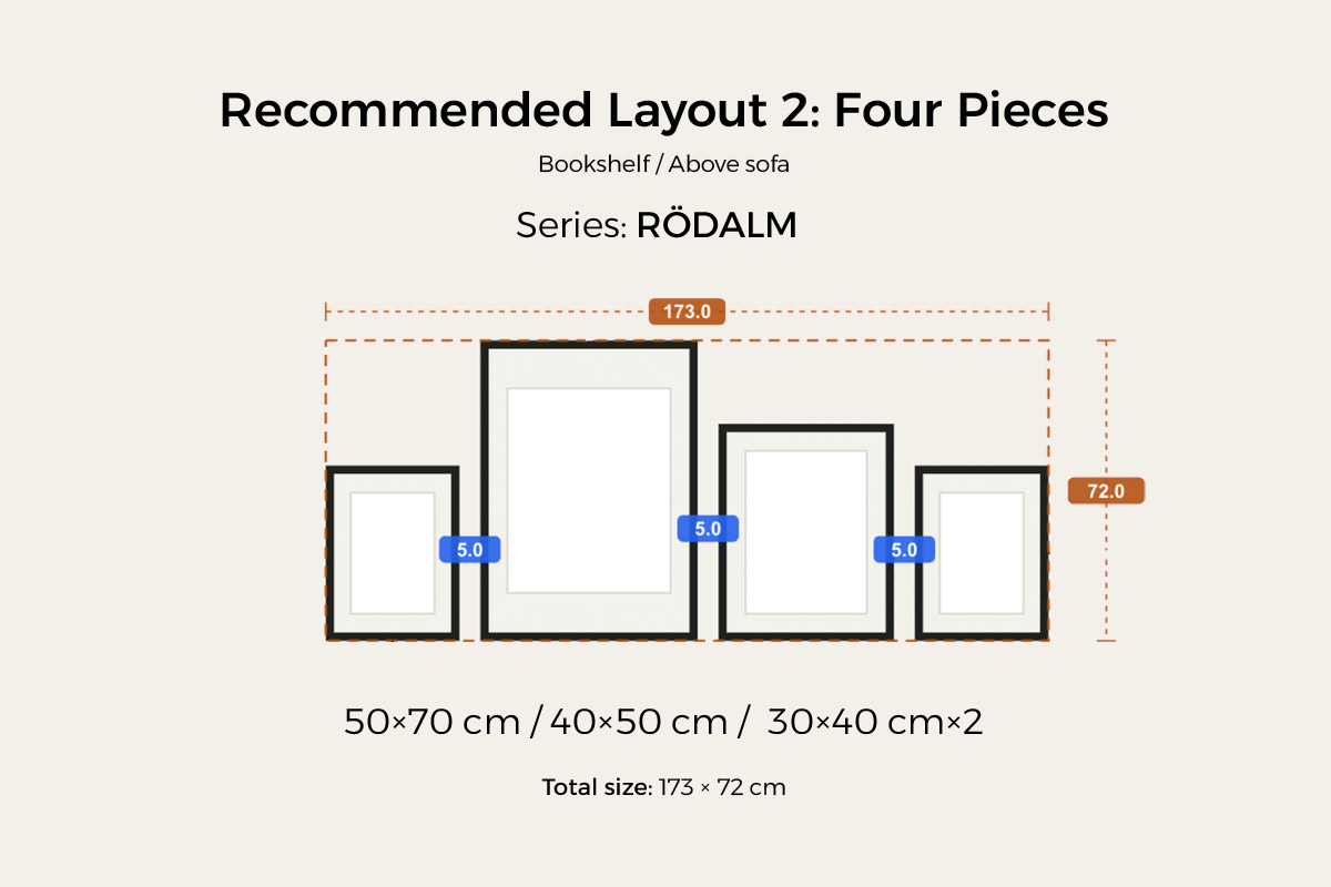 Recommended layout 2, four pieces for a bookshelf or above a sofa โ 50ร70, 40ร50 and two 30ร40 cm frames, 173 cm wide
