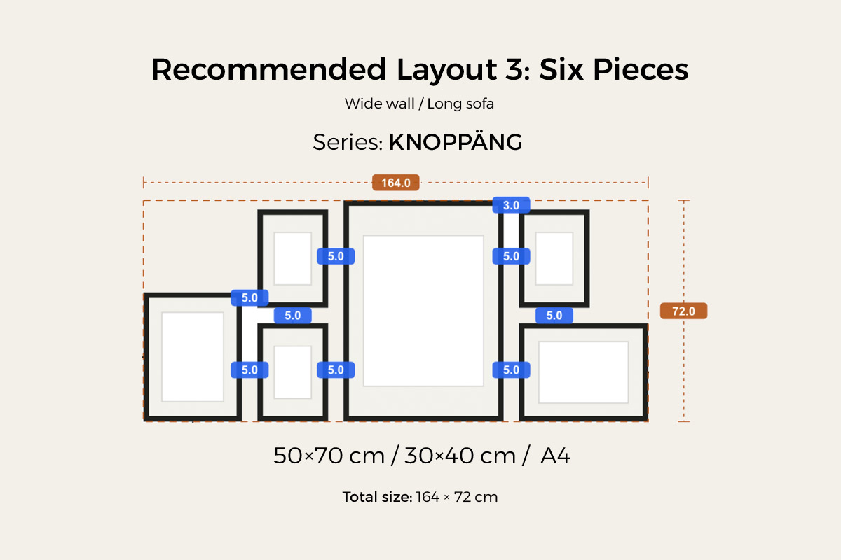 Recommended layout 3, six pieces for a wide wall or long sofa — 50×70, 30×40 and A4 frames, 164 cm wide