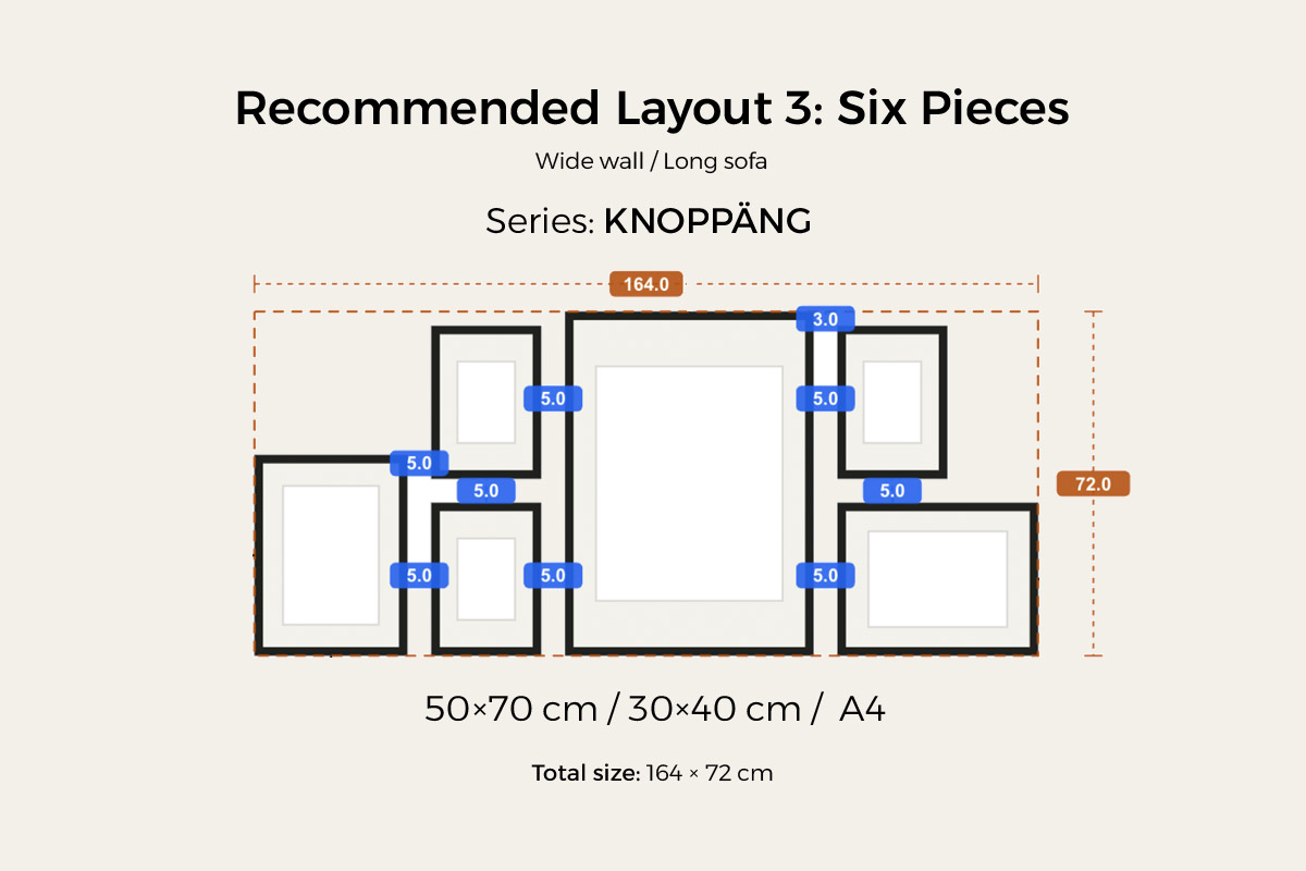 Recommended layout 3, six pieces for a wide wall or long sofa โ 50ร70, 30ร40 and A4 frames, 164 cm wide