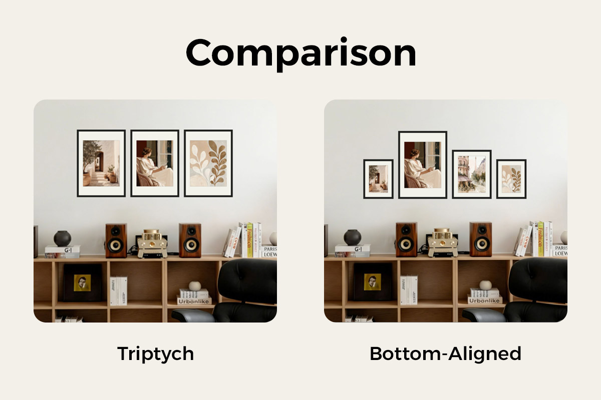 The same sideboard, two ways — an equal-size triptych versus a bottom-aligned wall that mixes frame sizes