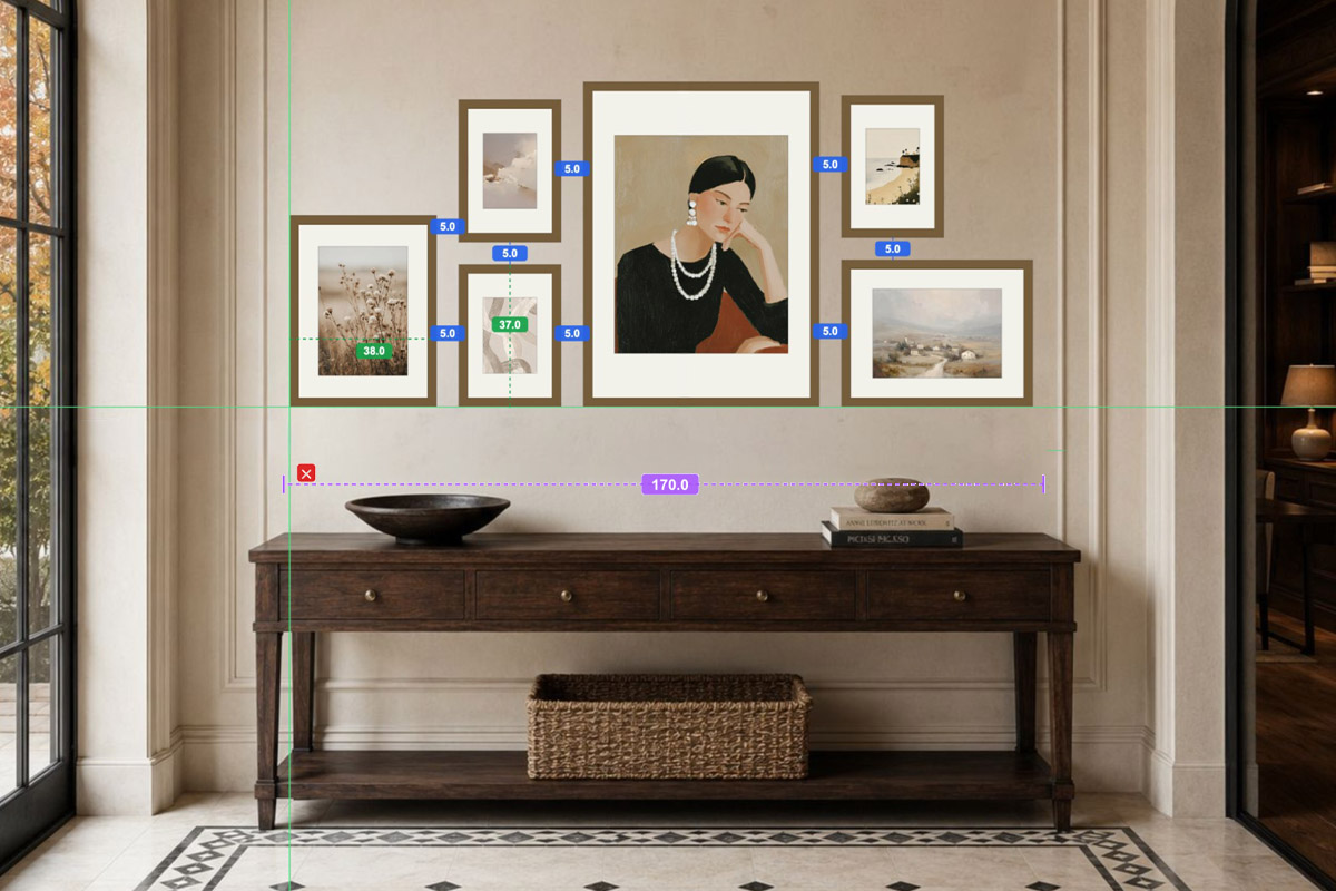 A bottom-aligned gallery wall above a console table in HangPlanner, with the overall width and every gap measured on screen