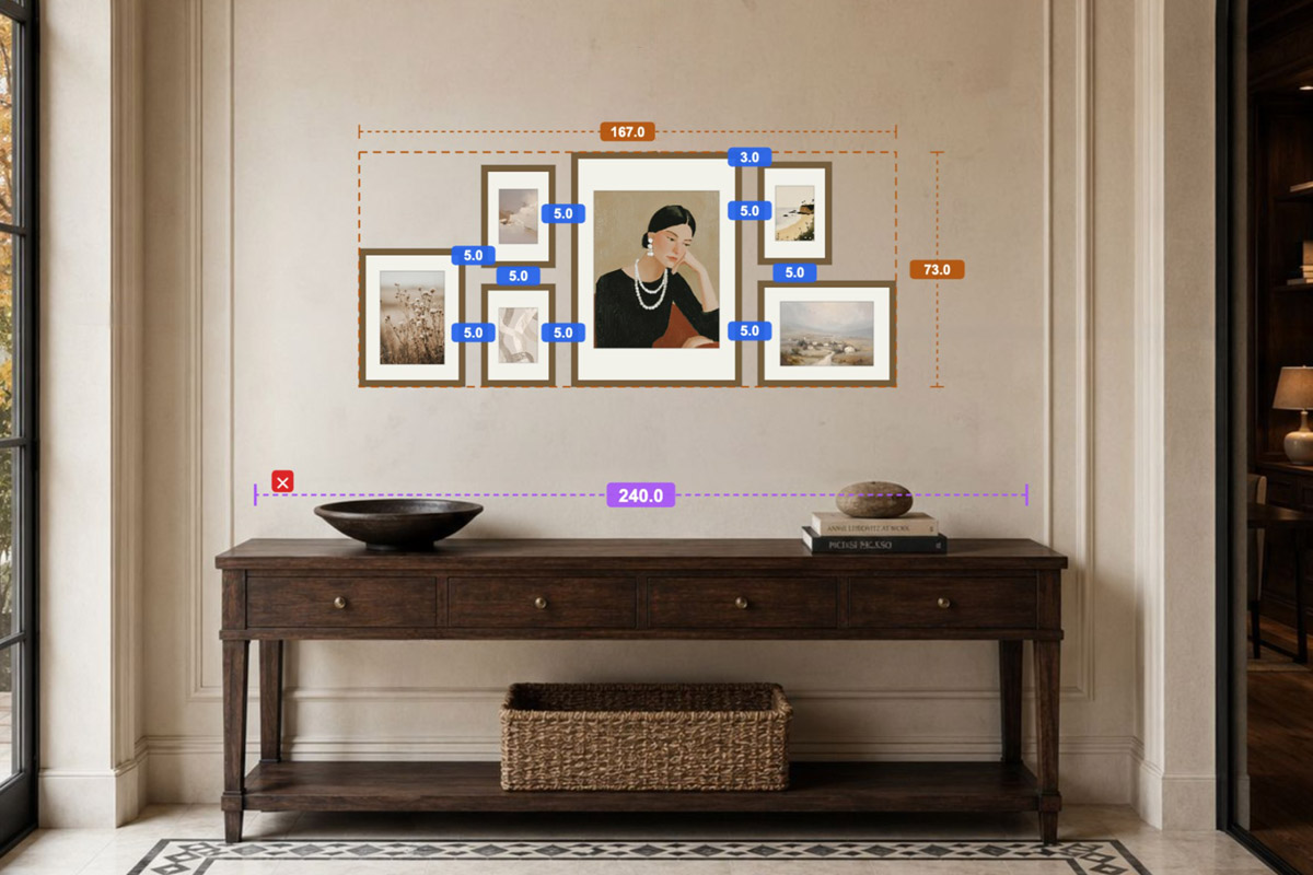 A bottom-aligned gallery wall above a console table in HangPlanner, with the overall width and every gap measured on screen
