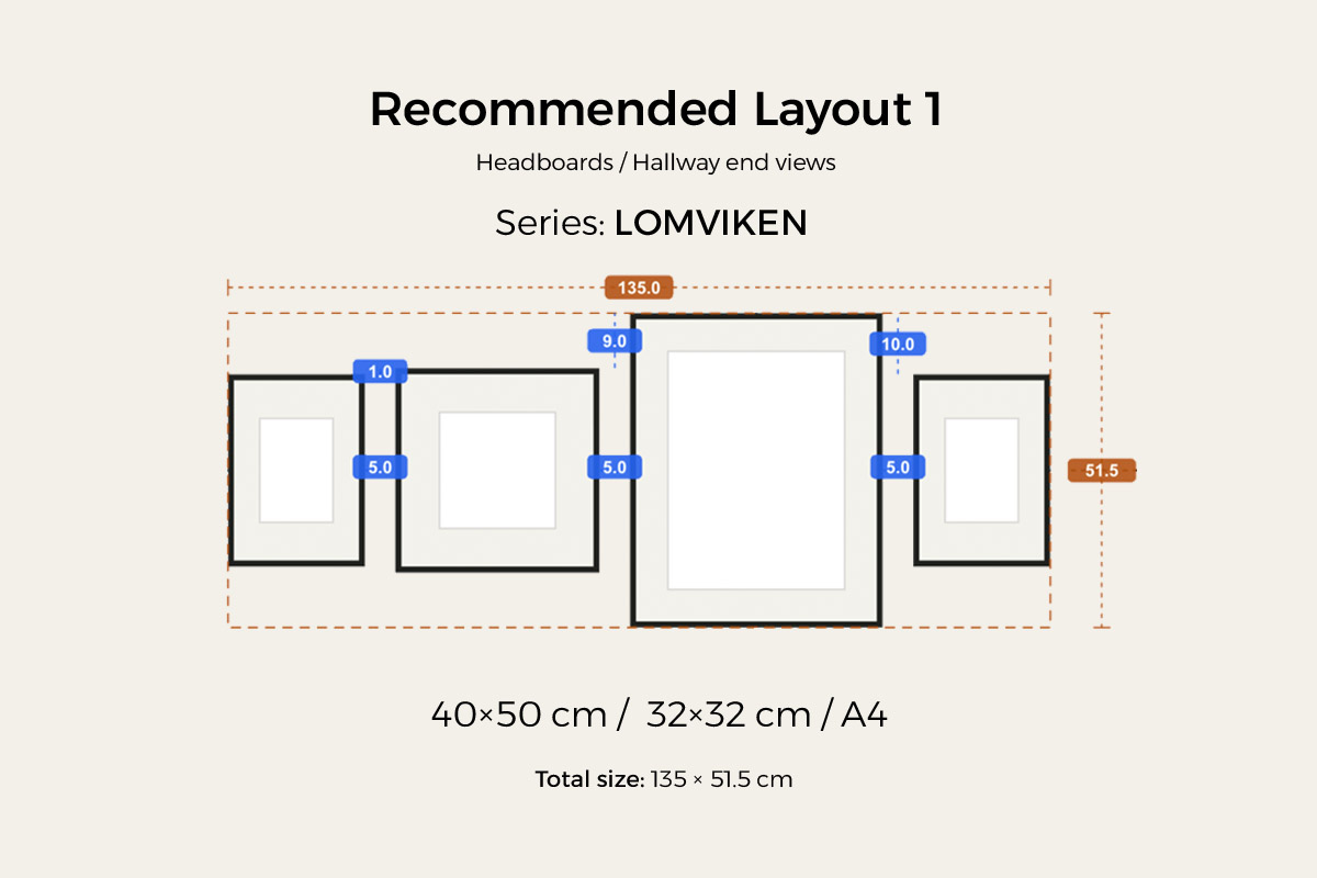 Recommended layout 1, four frames in a single row for a small-to-medium wall โ a centre line through all four midpoints, 40ร50 and 30ร40 cm mixed, about 135 cm wide