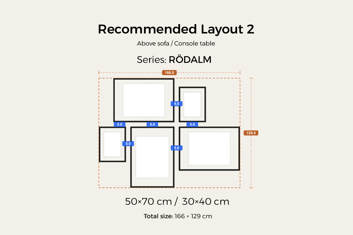 Recommended layout 2, five frames above a low sofa โ balanced up and down around the centre line, a 50ร70 anchor with 30ร40 and A4 frames, about 166 cm wide