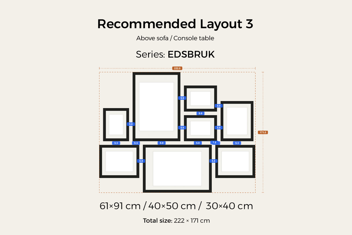 Recommended layout 3, seven frames in two rows for a wide wall โ mirrored above and below the centre line, 50ร70 and 40ร50 carrying the rhythm with 30ร40 frames, about 187 cm wide