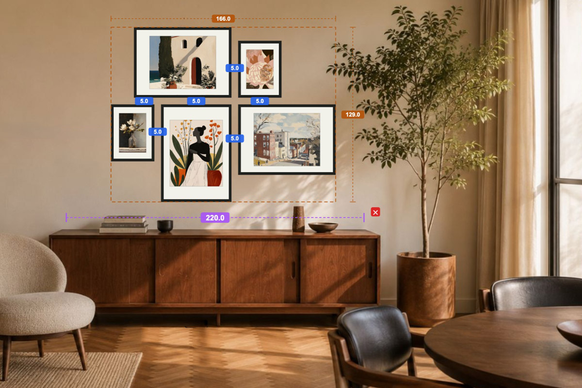 A center-aligned gallery wall above a sofa in HangPlanner, with the overall size, the centre line and every gap measured on screen