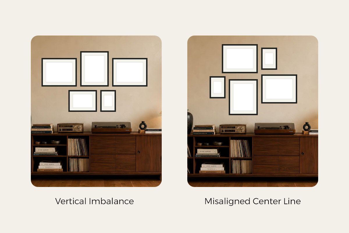 Four common center-aligned mistakes side by side โ top-heavy imbalance, a centre line that isn't level, asymmetric top and bottom rows, and uneven gaps โ each with a corrected version