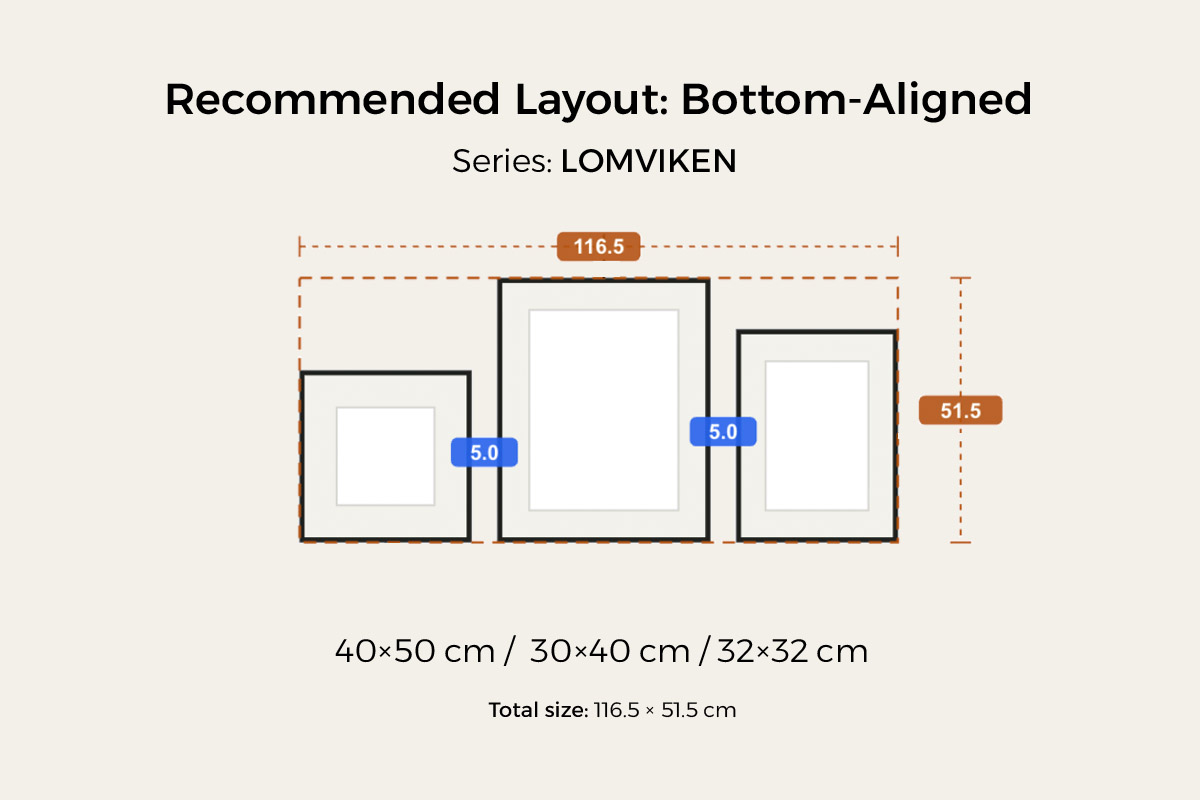 Bottom-aligned preset: LOMVIKEN 40×50 / 30×40 / 32×32 cm in mixed sizes aligned along one bottom line, about 116.5 × 51.5 cm overall
