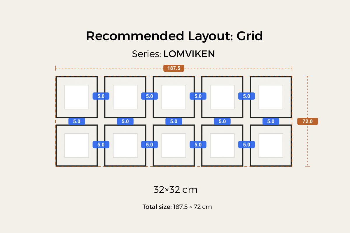 Grid preset: LOMVIKEN 32×32 cm, ten squares in a 2×5 with even 5 cm gaps, about 187.5 × 72 cm overall