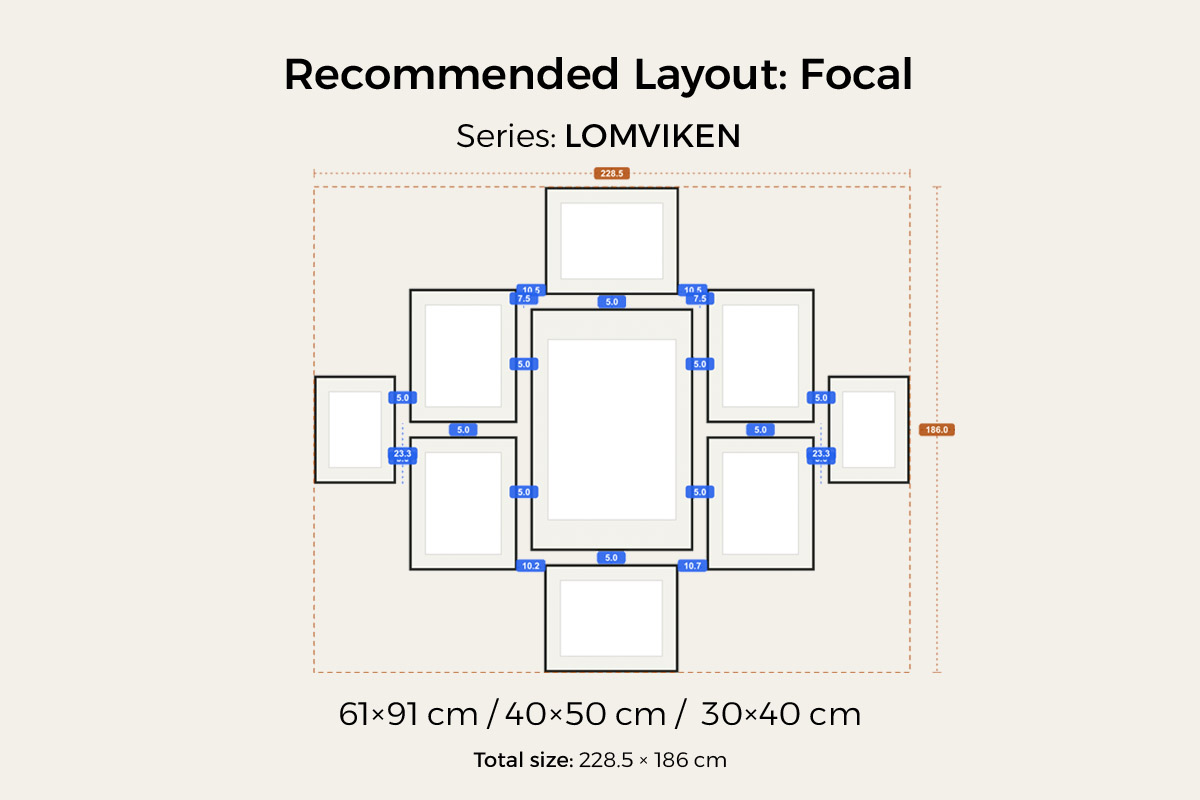 Focal preset: LOMVIKEN, one 61×91 cm centered as the hero with 40×50 / 30×40 cm frames radiating — nine frames, about 228.5 × 186 cm overall