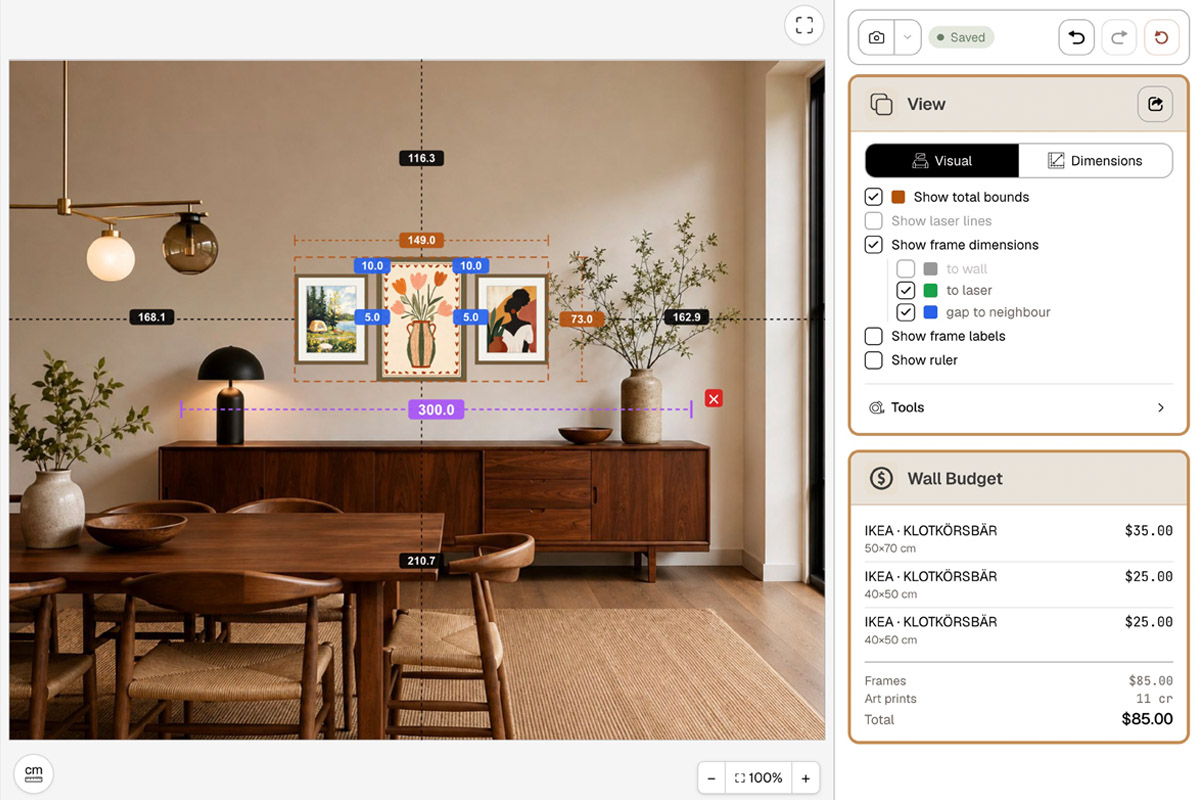 HangPlanner editor: a three-frame arrangement above a sideboard with total bounds of 149 cm, the distance to the cabinet top, and a wall width of 300 cm labelled, and the Wall Budget panel listing each IKEA frame (KLOTKÖRSBÄR 50×70 / 40×50) with an $85 total