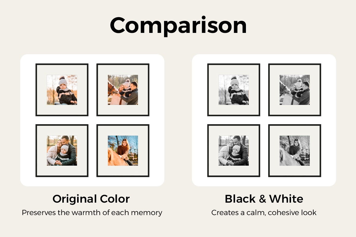 Two ways to unify, side by side: left, keep the original colour (holds the warmth of each memory); right, convert everything to black-and-white (calmer, more cohesive). Both use matching frames and mounts — only the mood differs
