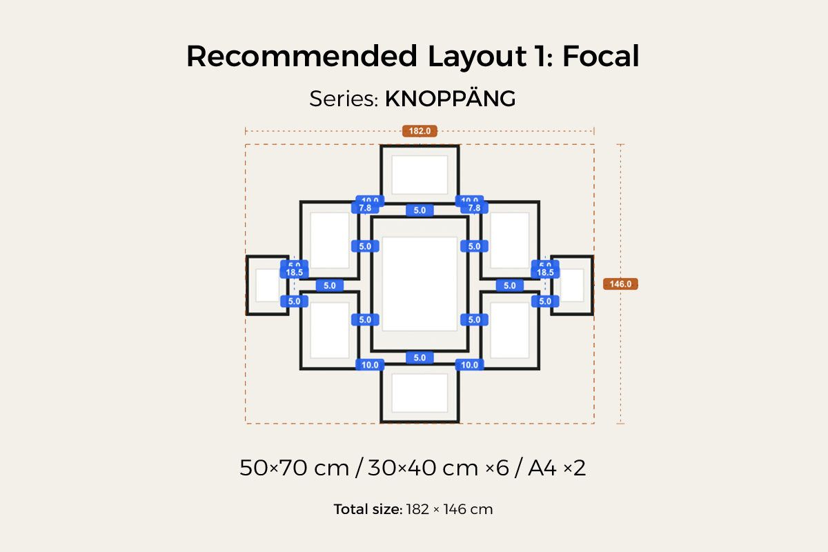 Focal preset: KNOPPÄNG, one 50 × 70 cm in the centre + 30 × 40 cm × 6 + A4 × 2 radiating out, 9 frames, about 182 × 146 cm