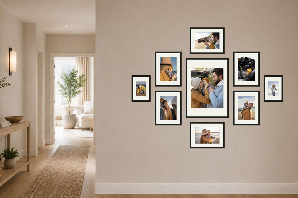 A focal family photo wall in a hallway: one large photo centred, smaller ones radiating out, scanned face by face as you walk by
