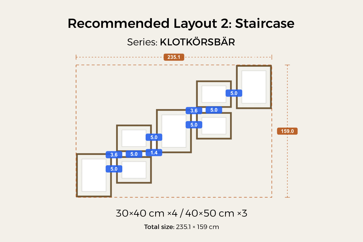 Staircase preset: KLOTKÖRSBÄR, 30 × 40 cm × 4 + 40 × 50 cm × 3 staggered along the diagonal, about 235 × 159 cm