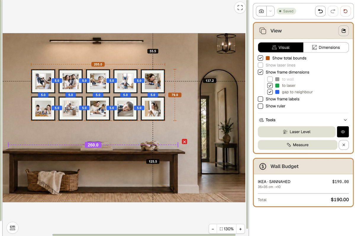 Dragging a hallway grid in HangPlanner: ten SANNAHED 35 × 35 cm (≈ 14 × 14 in) in a 2 × 5 grid, 5 cm gaps; the Dimensions panel marks total width and height and every gap, and Wall Budget totals the set at $190