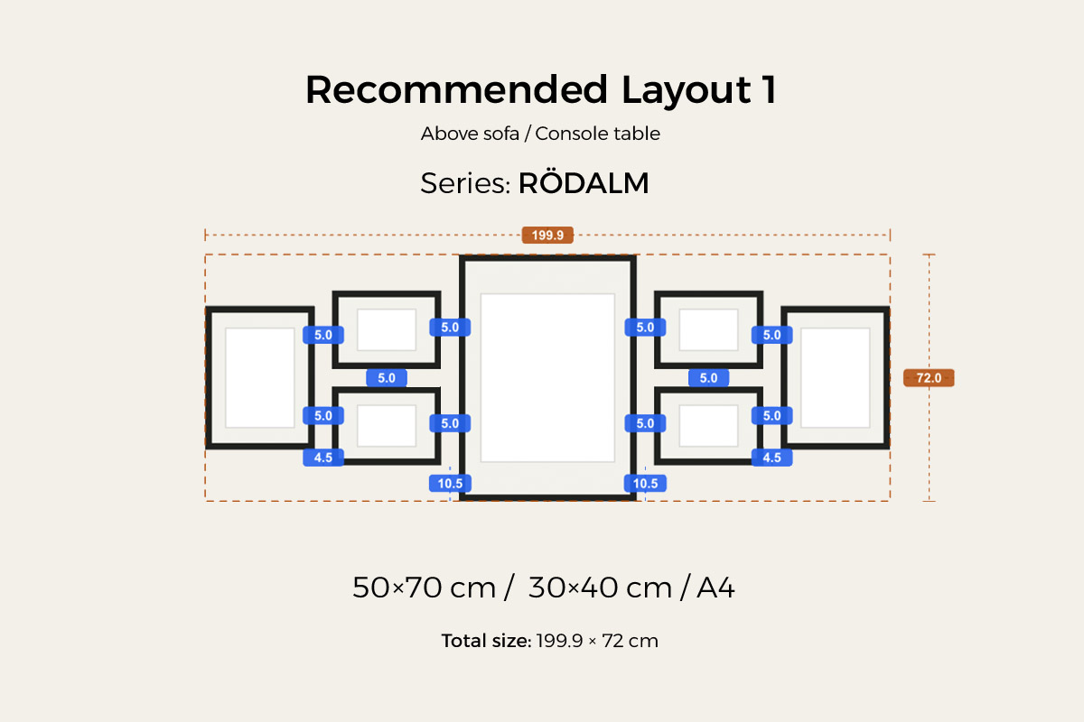Above a sofa — one big frame anchored centrally over the sofa, smaller frames laid out symmetrically to each side, the group about 2/3 to 3/4 the width of the sofa