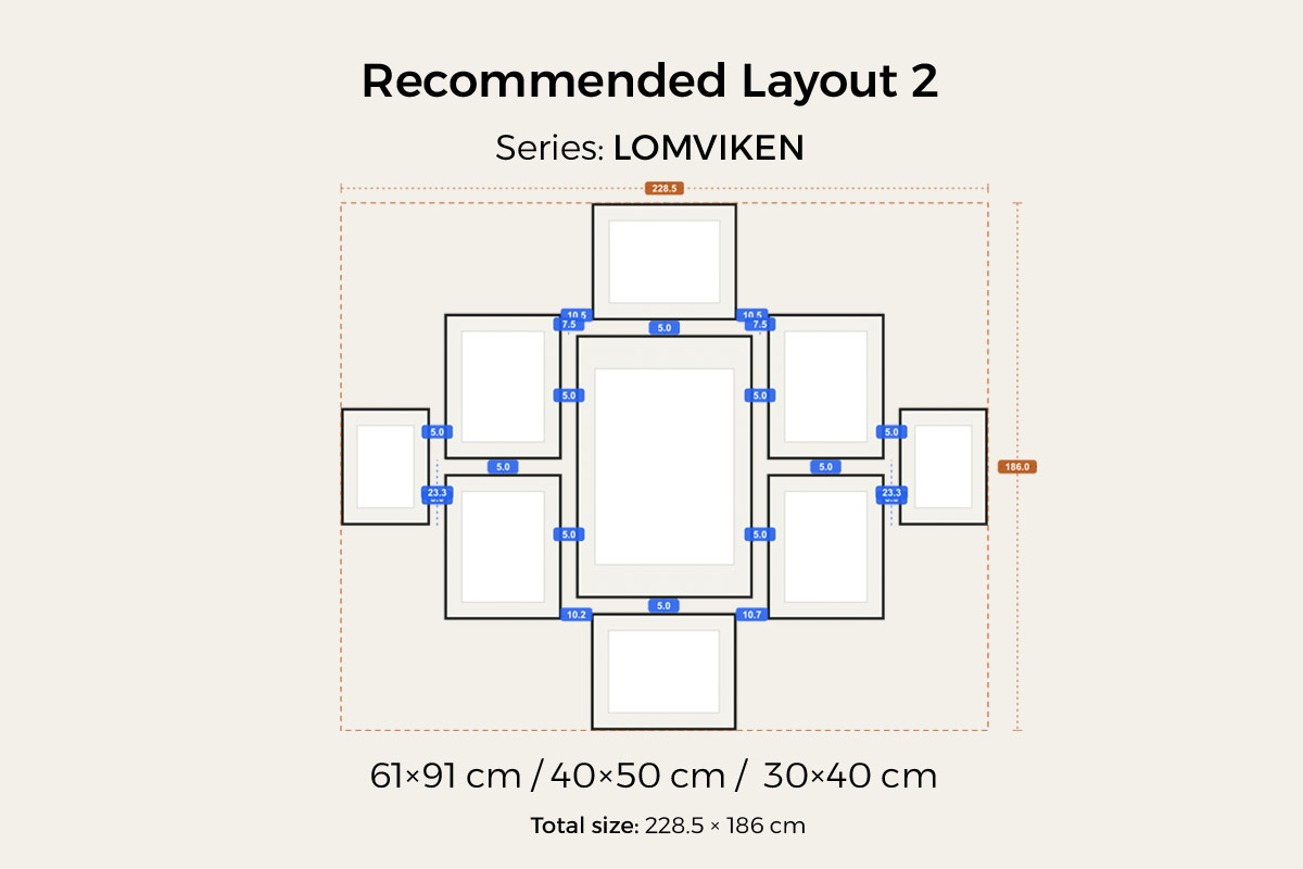 Above a long console or hall table — the same big-centre, radiate-outwards idea, with the anchor over the midpoint of the cabinet and the group spreading to the cabinet's width