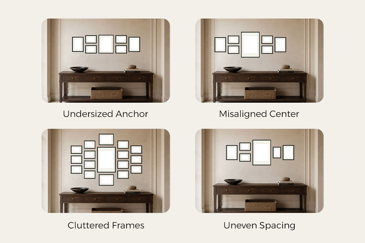 Four typical mistakes — an anchor too small, the centre-line off the furniture, small frames packed too tight, and uneven radiating with mismatched gaps