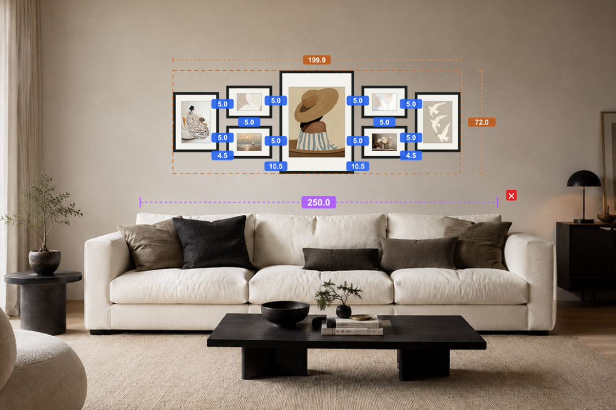 A focal gallery wall above a sofa in HangPlanner, the anchor's centre-line over the middle of the sofa and every gap marked