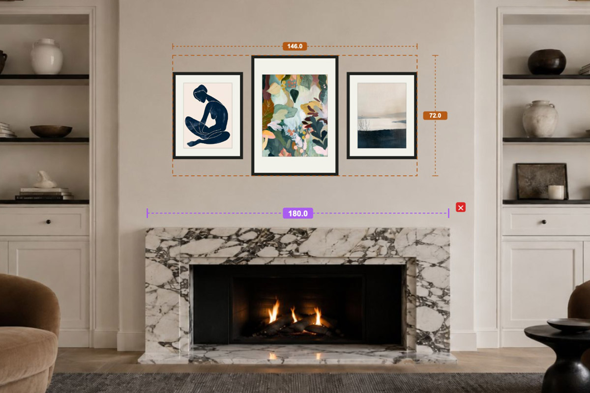 Planning a gallery wall above a fireplace on a real photo in HangPlanner, calibrating the group width to two-thirds to three-quarters of the mantel and the height above the shelf