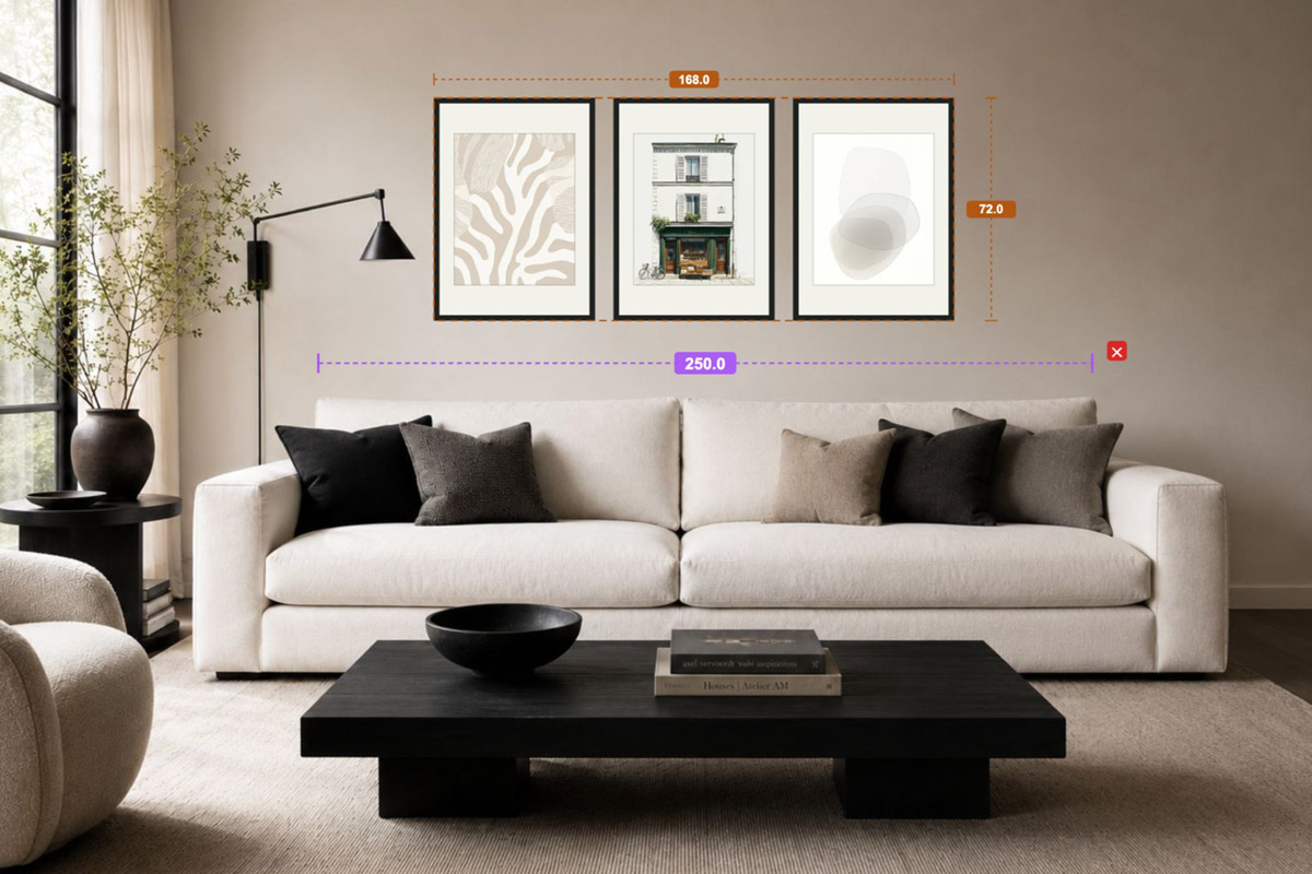 A triptych above a sofa in HangPlanner: the arrangement's 168 cm width is about two-thirds of the sofa's 250 cm width, with breathing room at each end