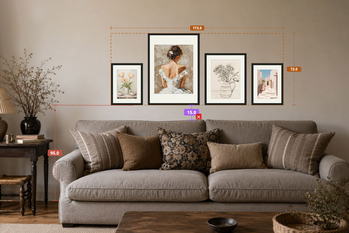 A triptych above a sofa in HangPlanner: the bottom edge of the frames sits 25 cm (about 10 in) above the top of the sofa back