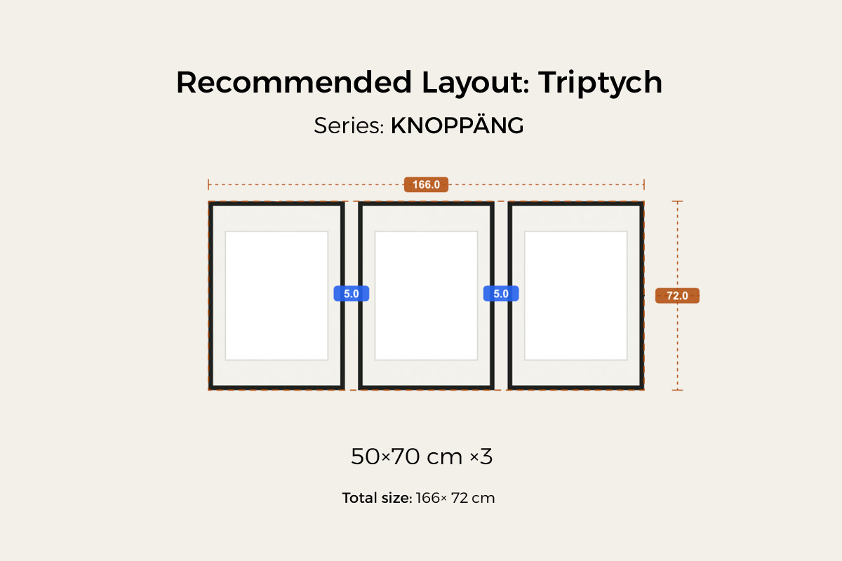 Triptych preset: three KNOPPÄNG 50×70 cm portrait frames evenly spaced in a row, about 166 × 72 cm overall