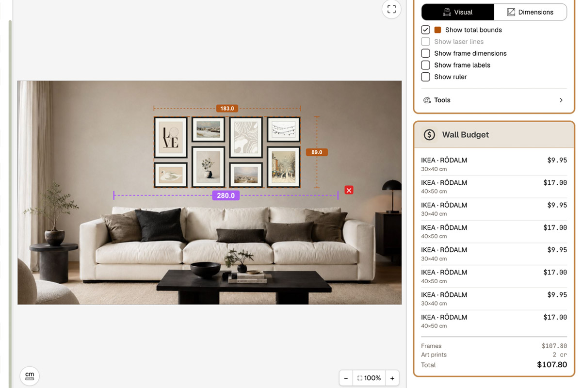 HangPlanner editor: a gallery wall above a sofa with total bounds of 183 × 89 cm and the sofa width of 280 cm labelled, and the Wall Budget panel listing each IKEA RÖDALM frame's price
