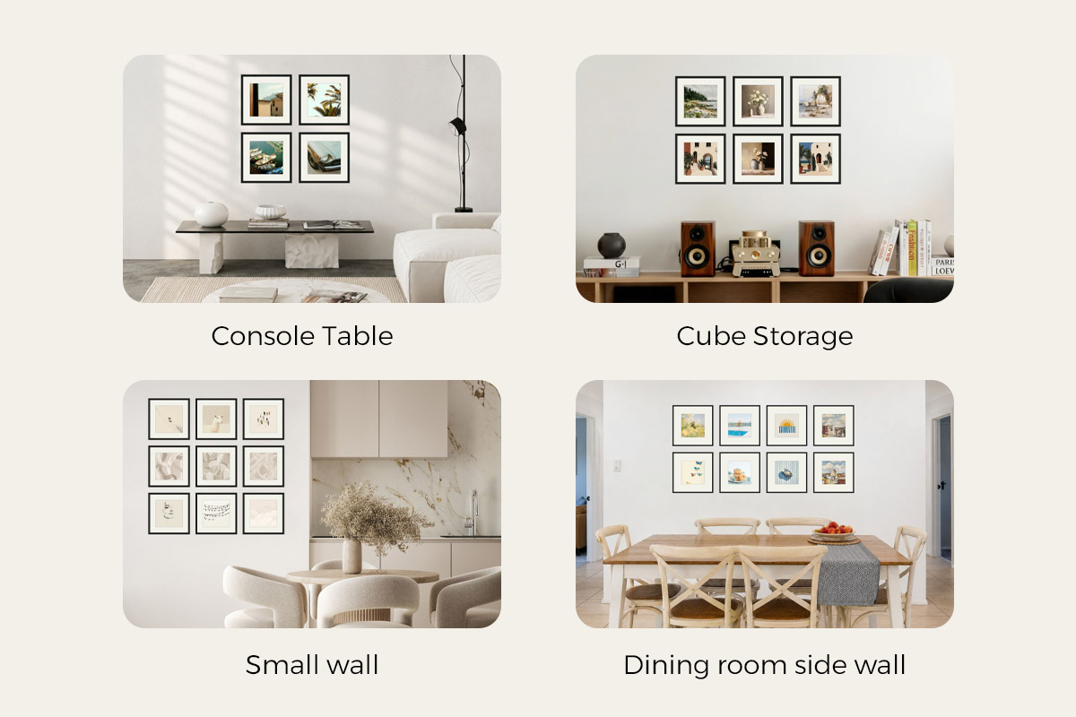 A comparison of strict grid gallery wall layouts with 4, 6, 8, 9, and 16 IKEA square frames
