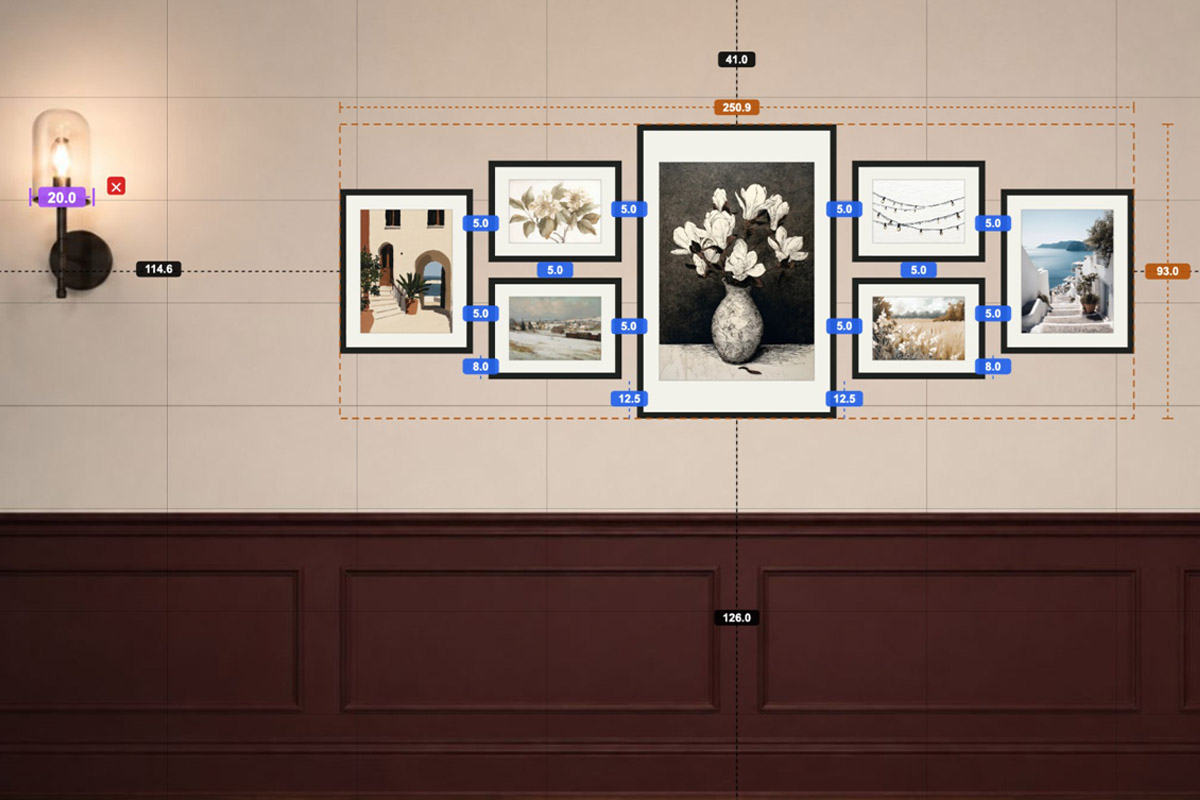 In HangPlanner, one version laid out on a real hallway wall: the group size (250.9 × 93 cm), each gap, and the height off the floor are labelled, and the arrangement steers clear of the wall sconce
