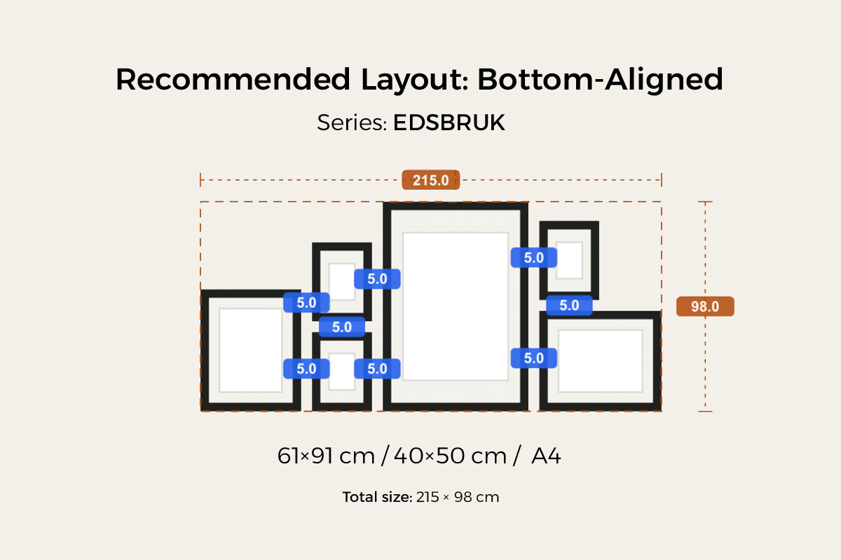 Bottom-aligned layout preset (EDSBRUK, 61×91 / 40×50 / A4 mixed sizes, bottoms on one line, group about 215 × 98 cm)