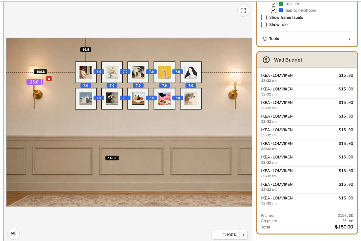 HangPlanner's Wall Budget: a hallway grid of LOMVIKEN 32×32 cm frames, with each frame's price and the whole group's budget at a glance
