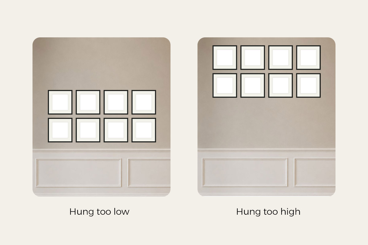 A hallway gallery wall hung too low versus too high: hung too low the group sinks over the wainscot and feels cramped; hung too high it floats overhead out of reach — set the group's center to your household's standing eye level
